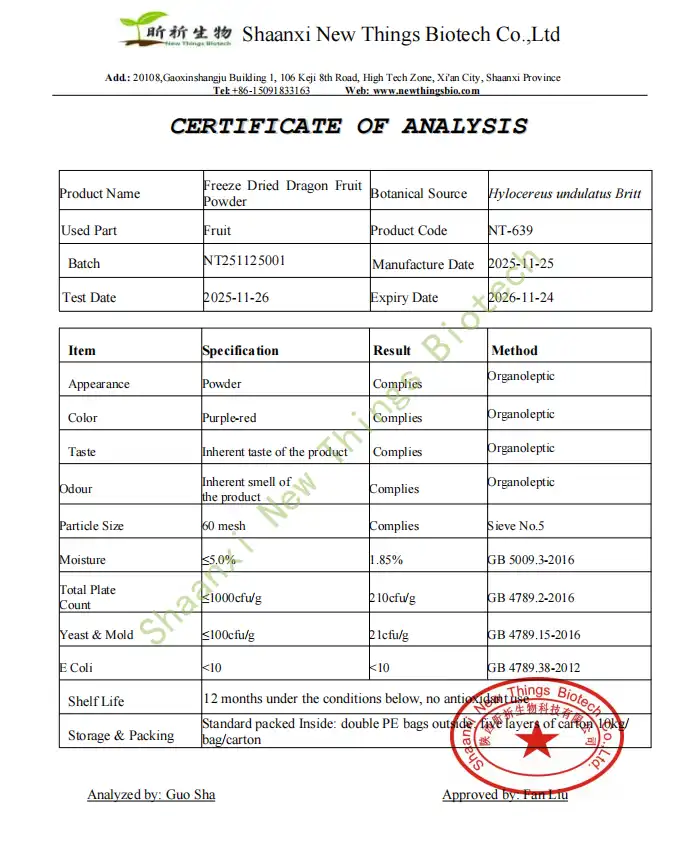 COA for bulk red dragonfruit powder COA for bulk red dragonfruit powder