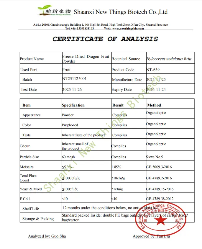 COA for bulk red dragonfruit powder COA for bulk red dragonfruit powder