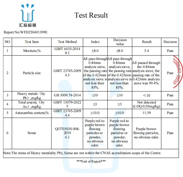 testing report for Astaxanthin Powder Bulk testing report for Astaxanthin Powder Bulk
