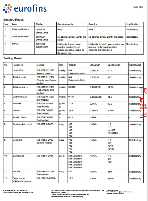 testing report for Blue Spirulina Organic