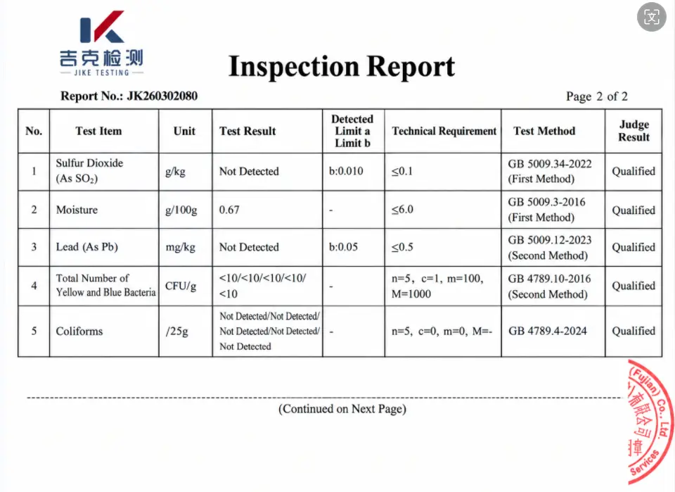 testing report for Organic Freeze Dried Banana Powder 