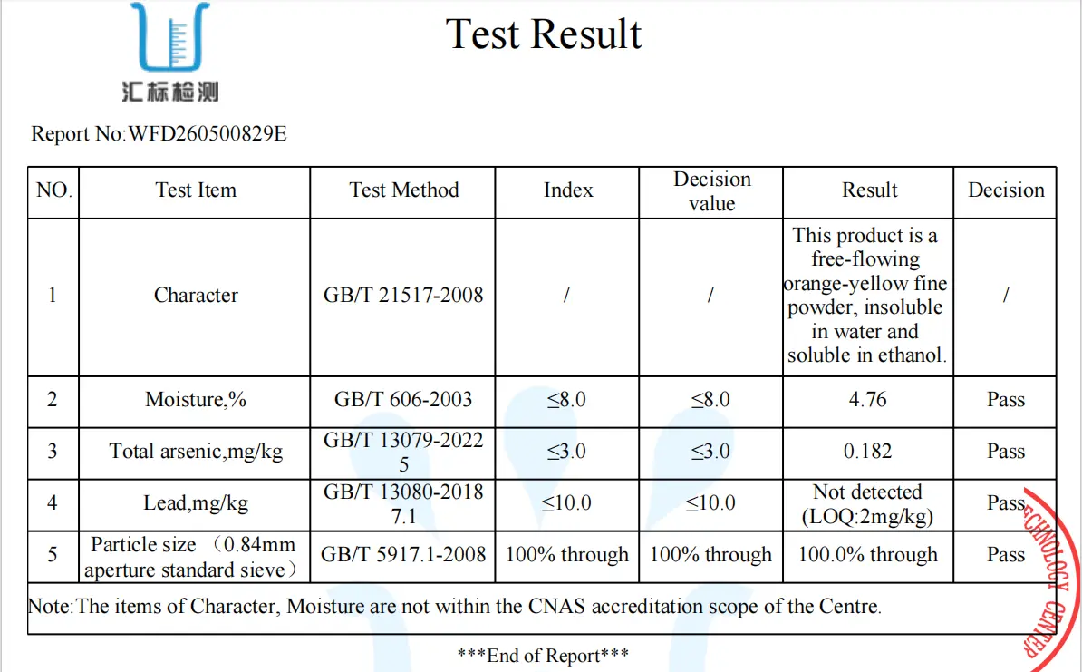 testing report for marigold extract lutein powder